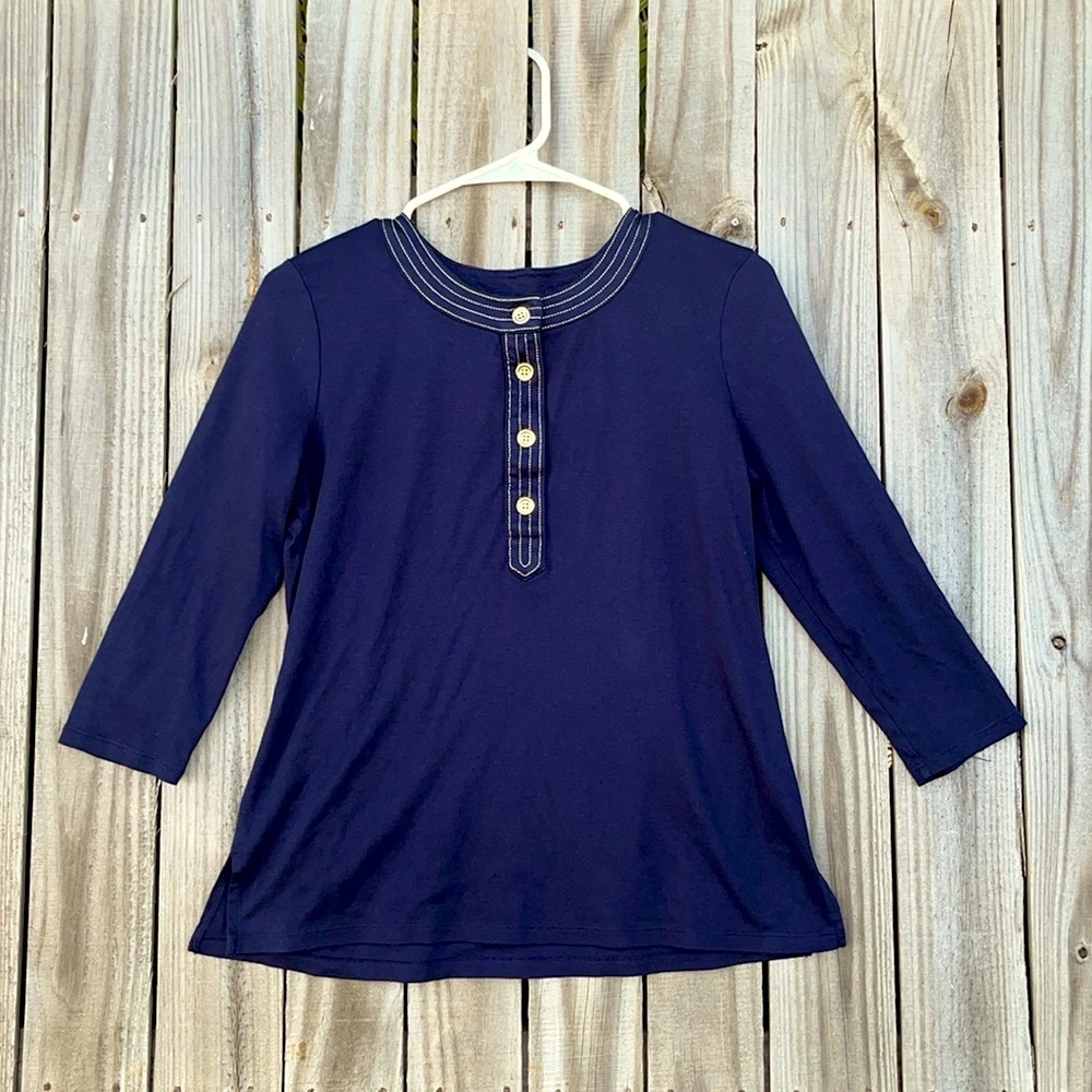 Imperfect Talbots top gold buttons side slits supima cotton blend medium petite‎
